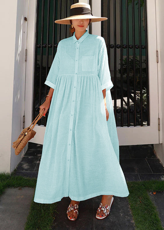 Women's Long Dress – A-Line Fit – Peter Pan Collar – Button Closure – Striped Design