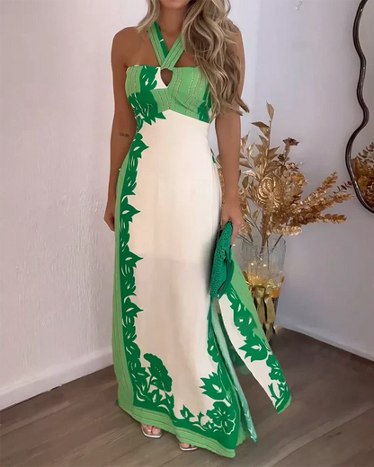 Dame Maxikjole – Halterneck med Krydsstropper – Naturinspireret Print – Elegant Pasform