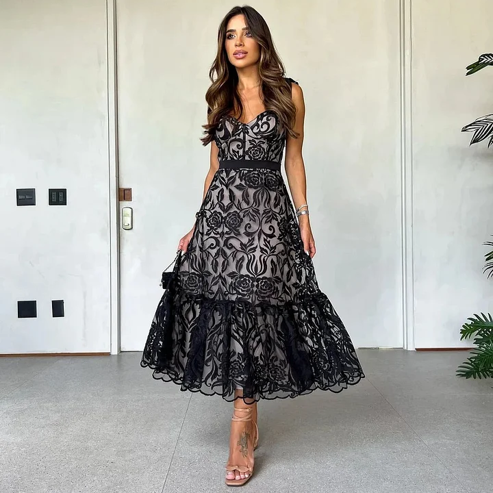 Women's Dress – Sleeveless A-Line – Lace Details – V-Neck – Elegant Party Dress