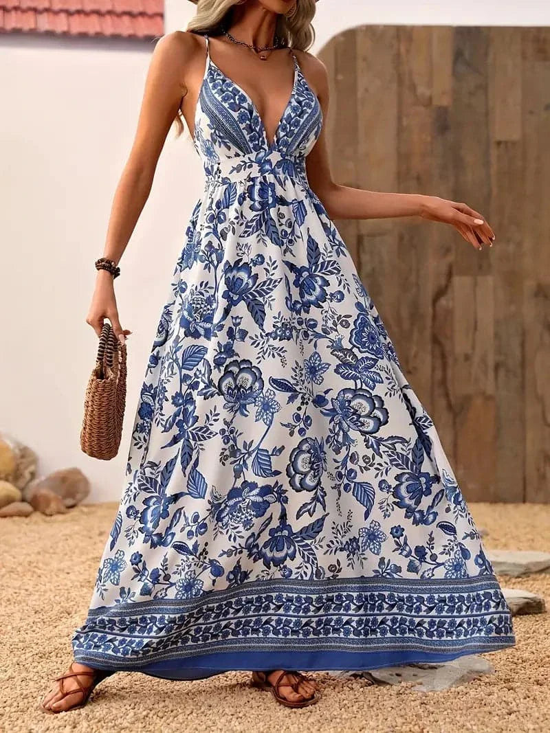 Dame Maxi Kjole - Boheme Stil - V-Hals - Let og Luftig - Blomstret Print