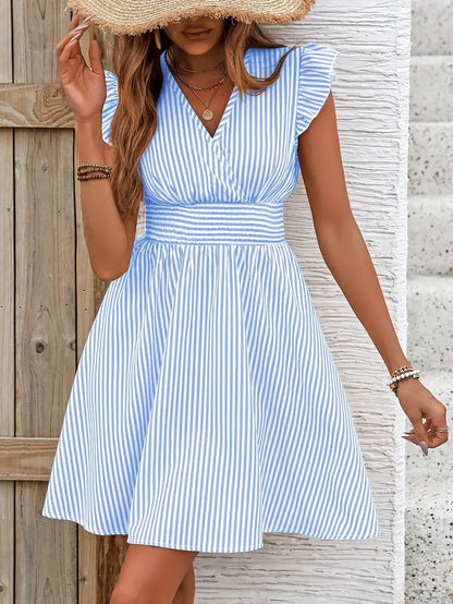 Women's Summer Dress - V-Neck - Ruffle Sleeves - Fitted Waist - Light and Breathable