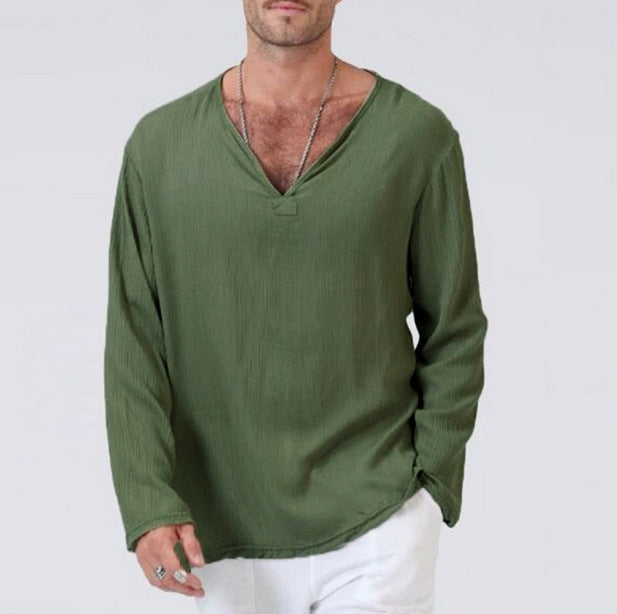 Men's Long-Sleeve T-Shirt – Cotton Linen Blend – Relaxed Fit – V-Neck