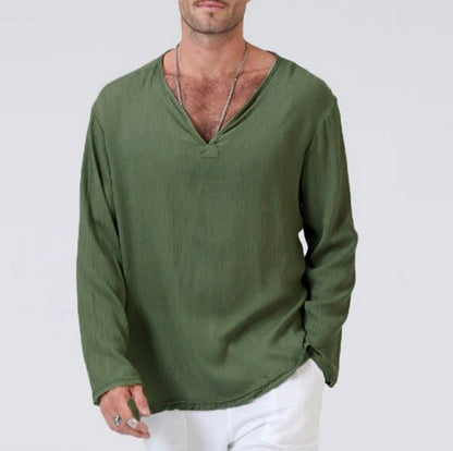 Men's Long-Sleeve T-Shirt – Cotton Linen Blend – Relaxed Fit – V-Neck