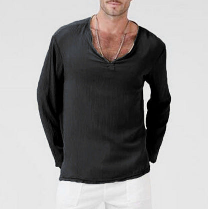 Men's Long-Sleeve T-Shirt – Cotton Linen Blend – Relaxed Fit – V-Neck