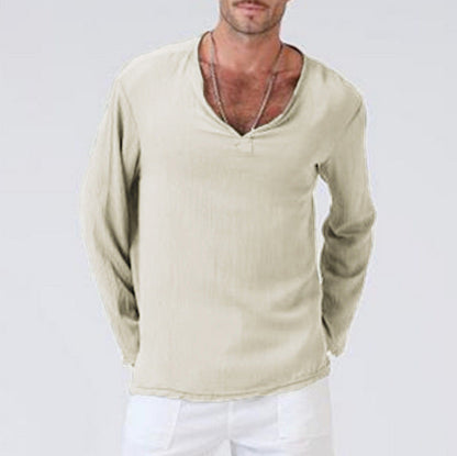 Men's Long-Sleeve T-Shirt – Cotton Linen Blend – Relaxed Fit – V-Neck