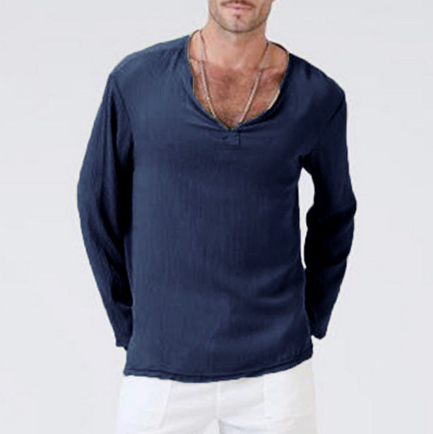 Men's Long-Sleeve T-Shirt – Cotton Linen Blend – Relaxed Fit – V-Neck