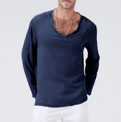 Men's Long-Sleeve T-Shirt – Cotton Linen Blend – Relaxed Fit – V-Neck