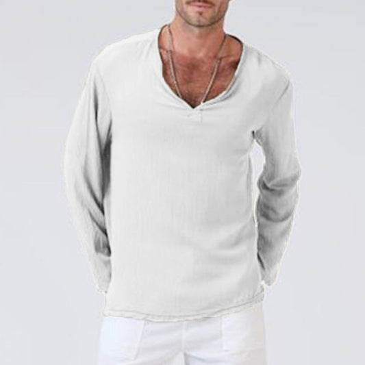 Men's Long-Sleeve T-Shirt – Cotton Linen Blend – Relaxed Fit – V-Neck