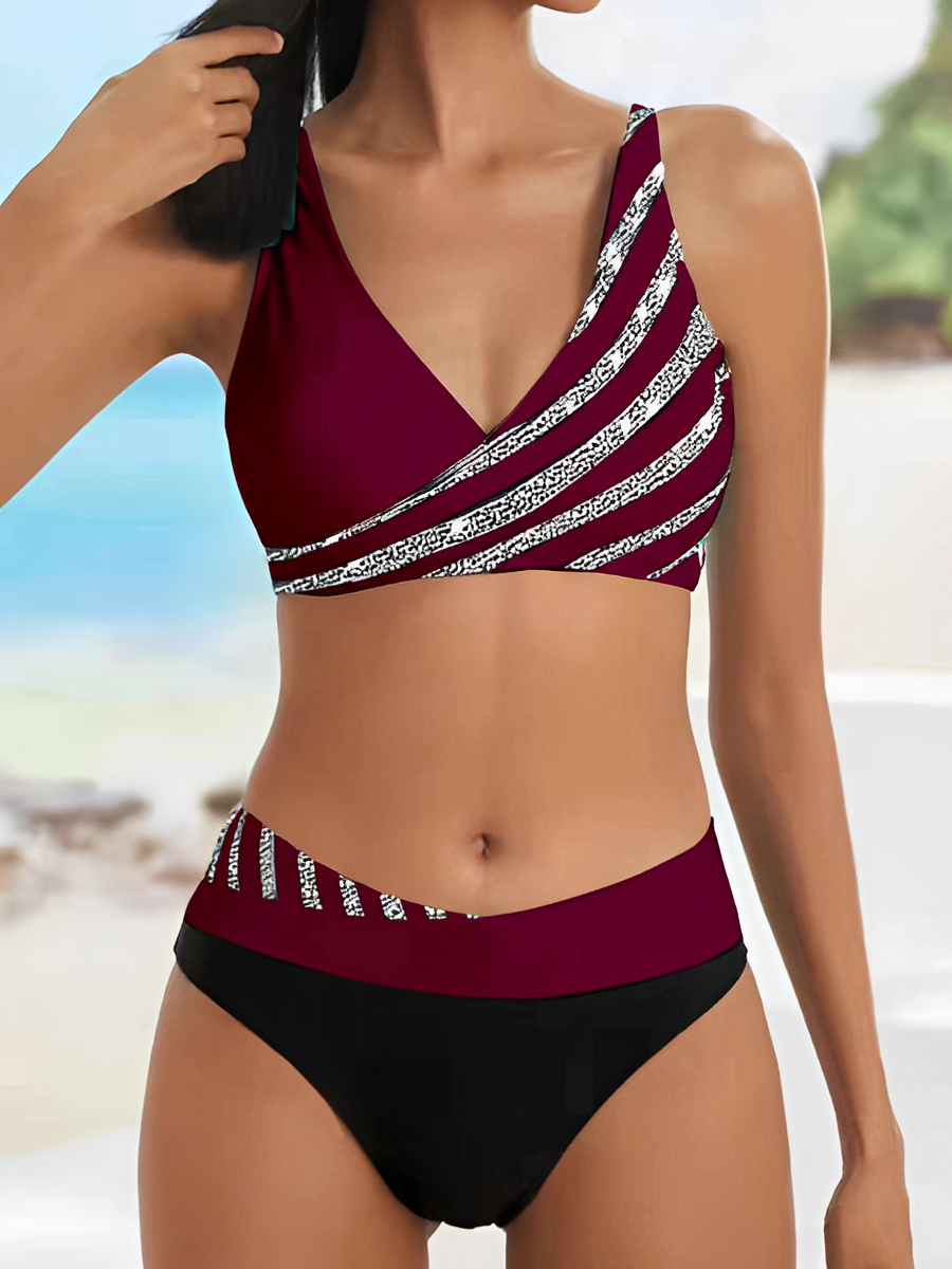 Women's Bikini Set – Asymmetric One-Shoulder – Stretchable and Breathable – Striped Design
