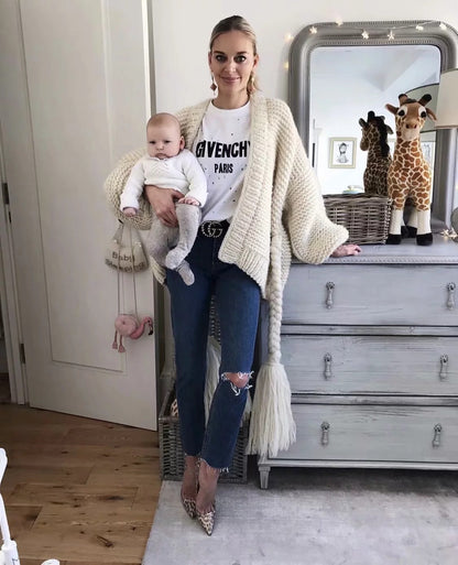 Women's Cardigan – Chunky Knit – Oversized Fit – Braided Waist Belt – Long Sleeves