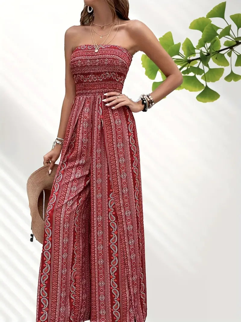 Women's Jumpsuit - Strapless Smock Top - Wide Legs - Bohemian Pattern