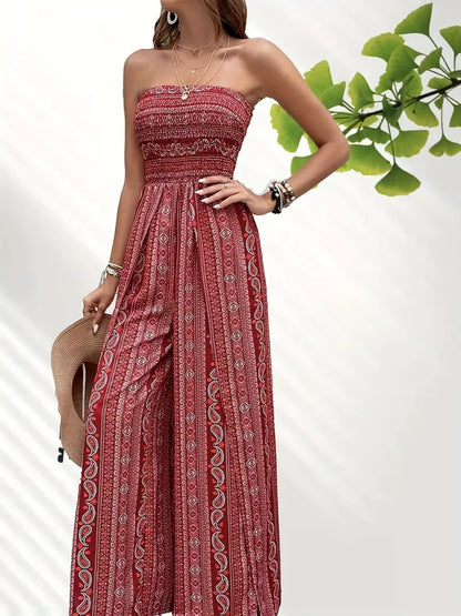 Women's Jumpsuit - Strapless Smock Top - Wide Legs - Bohemian Pattern