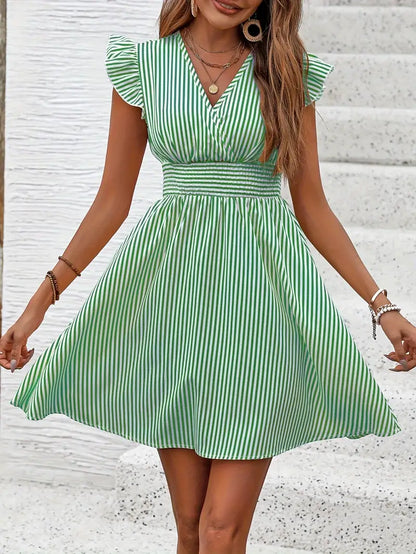 Women's Summer Dress - V-Neck - Ruffle Sleeves - Fitted Waist - Light and Breathable