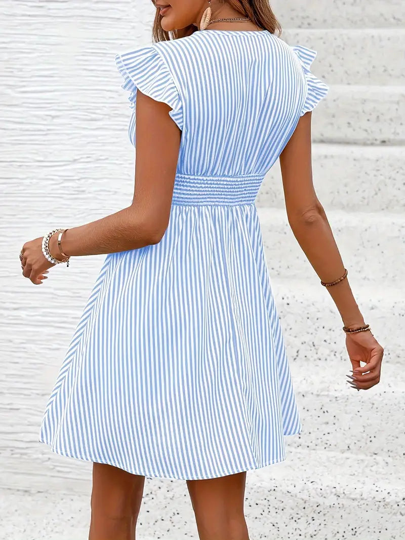 Women's Summer Dress - V-Neck - Ruffle Sleeves - Fitted Waist - Light and Breathable