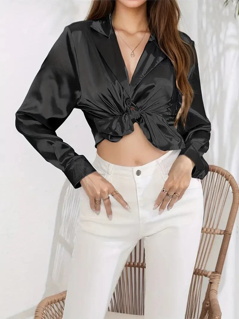 Dame Cropped Satin Bluse - Langærmet - Spredt Krave - Bindebånd Front