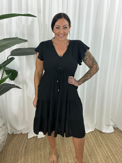 Women's Dress - V-neck - Button Closure - Adjustable Waist - Short Sleeves - Loose Fit