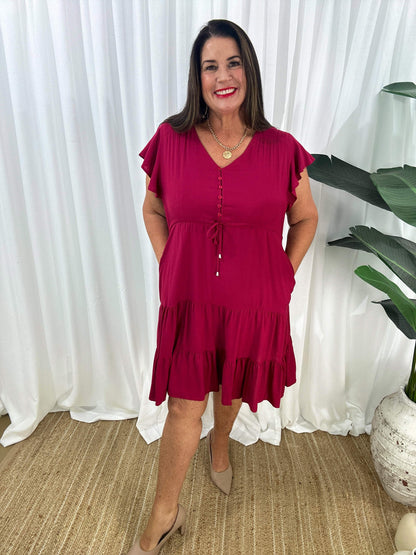 Women's Dress - V-neck - Button Closure - Adjustable Waist - Short Sleeves - Loose Fit