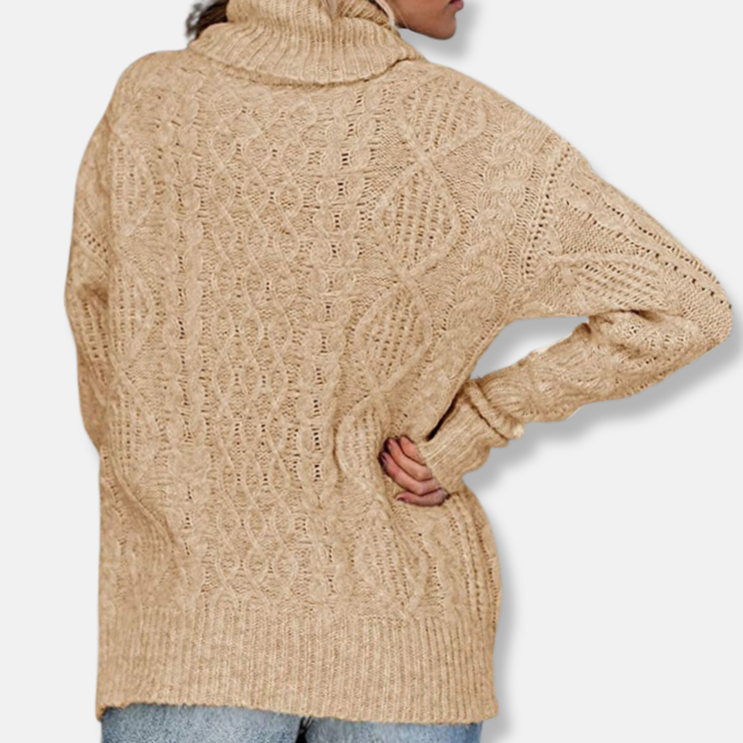 Rosie Turtleneck Sweater | Cable Knit Tunic Length Sweater