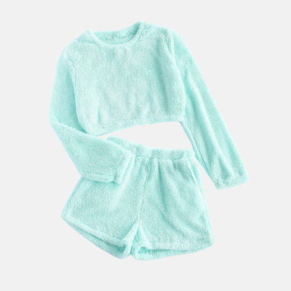 Women's Loungewear Set – Cropped Long-Sleeve Top – High-Waisted Shorts in Soft Fleece