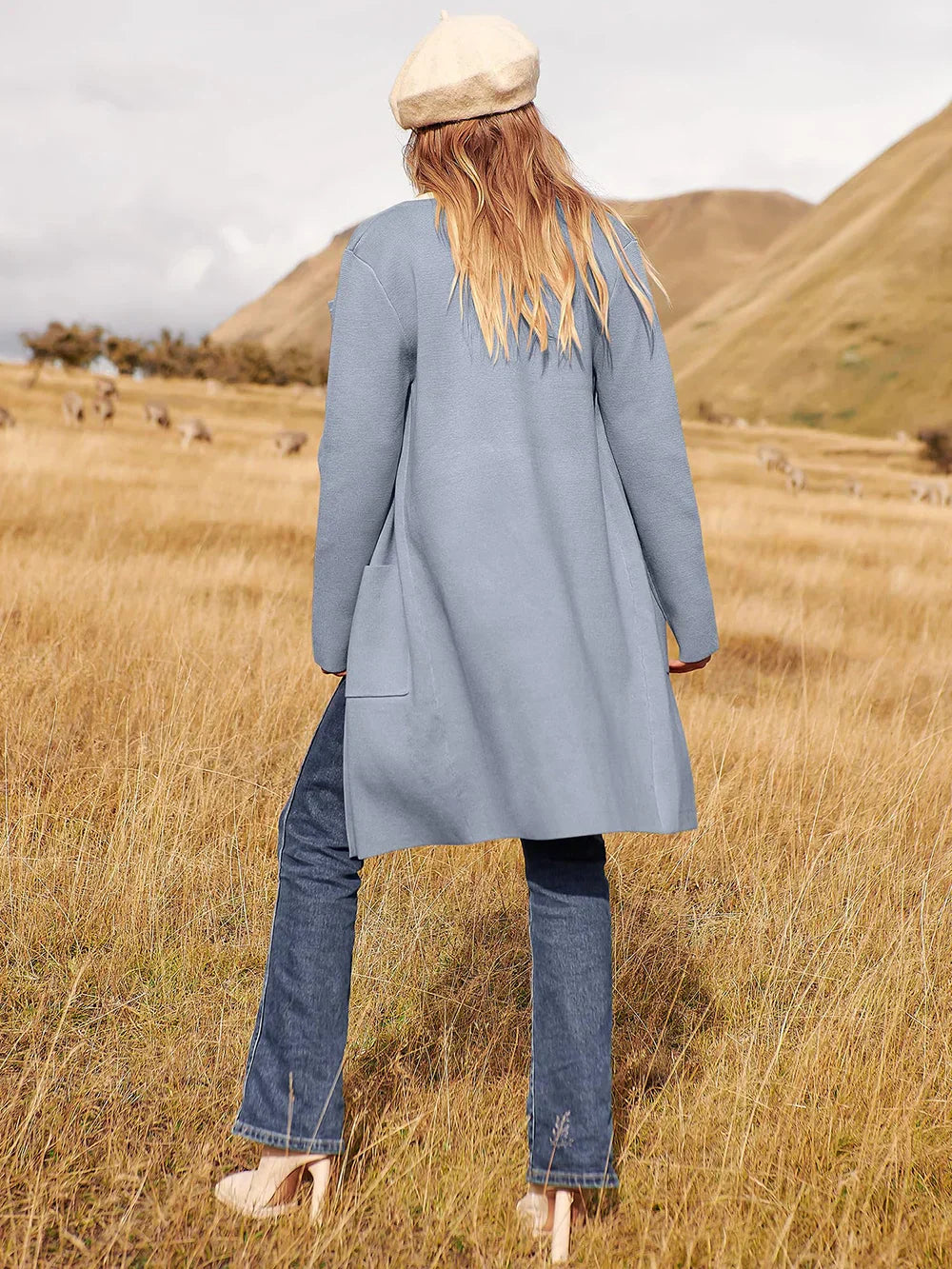 Women's Coat – Relaxed Fit – Knee Length – Wide Lapels – Minimalist Design