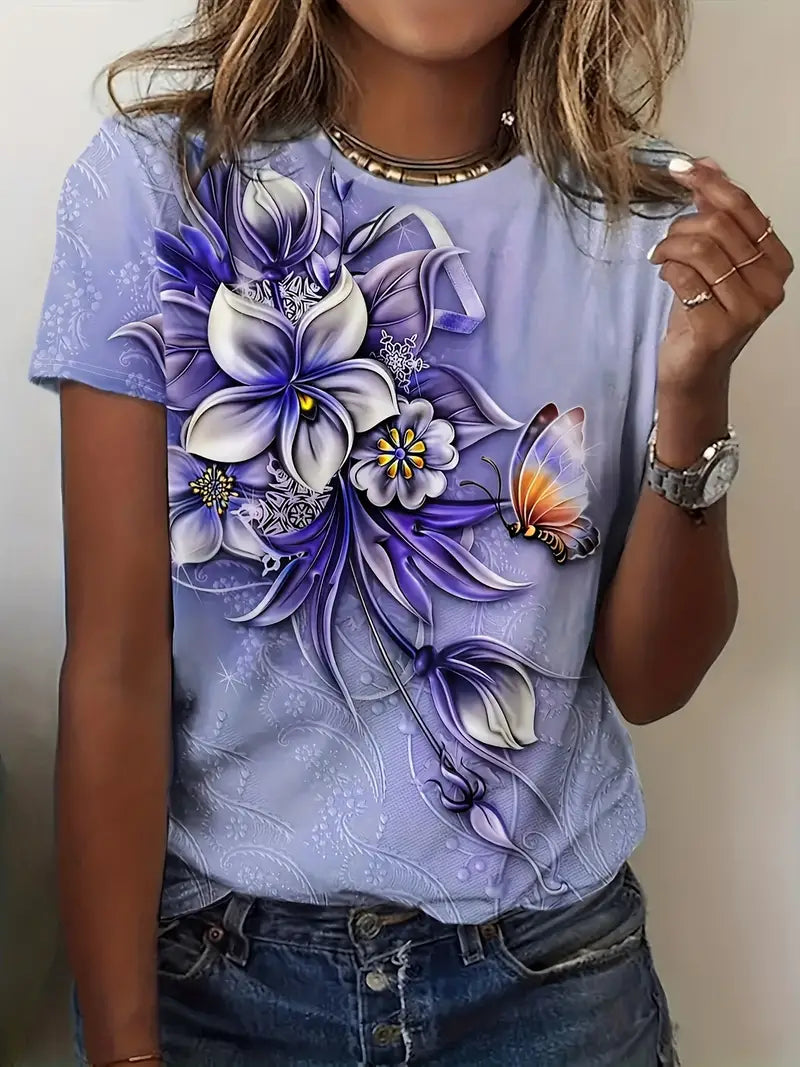 Dame T-shirt - Kort Ærme - Rund Hals - Blomster & Sommerfugl Design - Afslappet Pasform