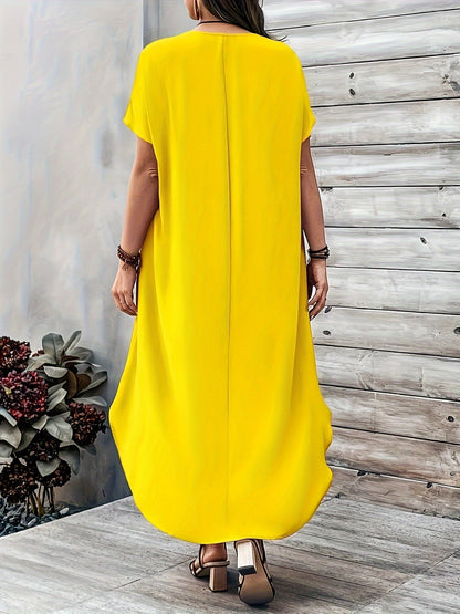 Women's Dress - Loose Fit - V-neck - Short Sleeves - Asymmetric Hem - Light and Airy