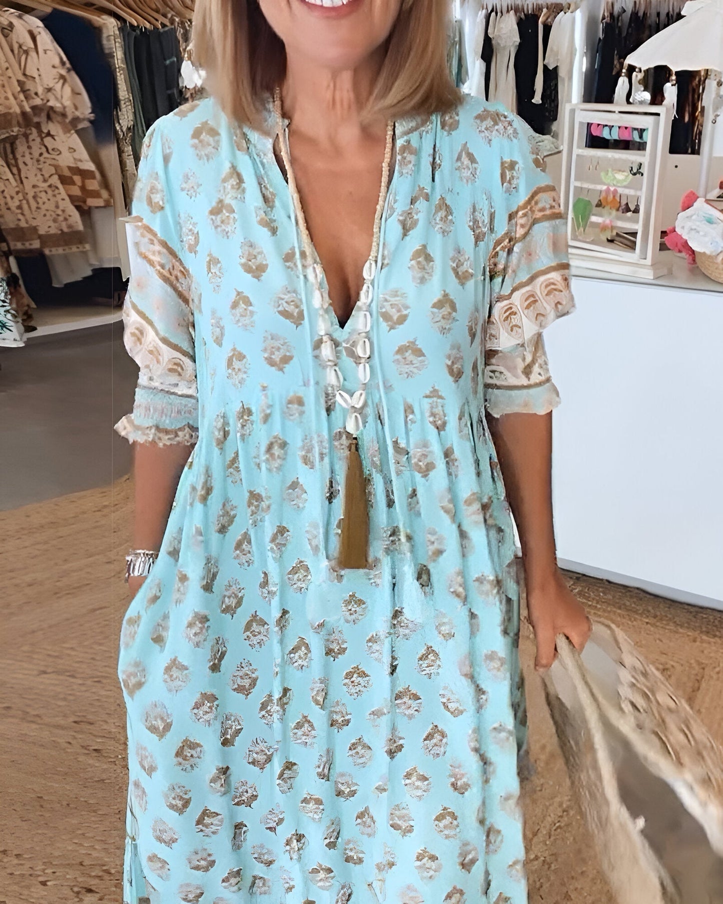 Maxi Dress for Women – V-Neck – Bohemian Floral – Airy Fit – Three-Quarter Sleeves