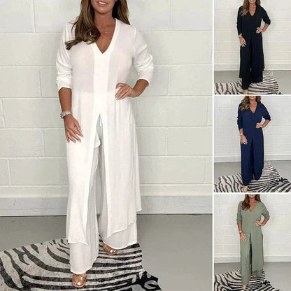 Dame Jumpsuit - Langærmet V-hals - Brede Ben - Let og Elegant Pasform