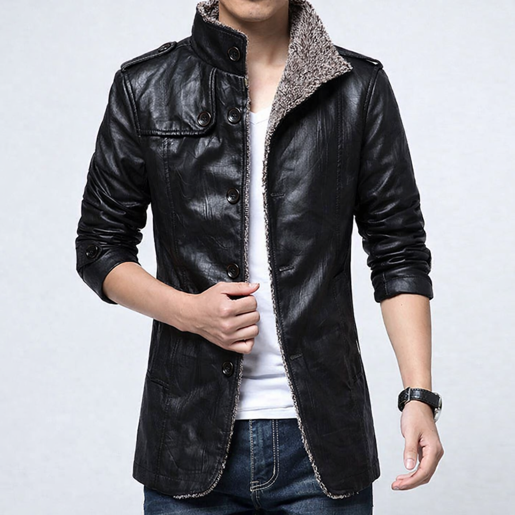 Men’s Leather Jacket – Slim Fit – Stand Collar – Button Front Design
