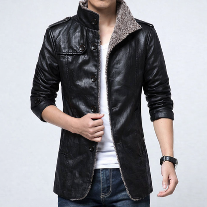 Men’s Leather Jacket – Slim Fit – Stand Collar – Button Front Design