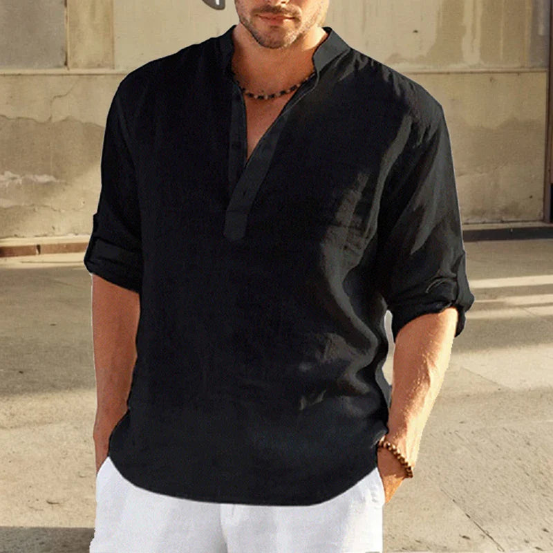 Men's Shirt – Loose Fit – Breathable Material – Long Sleeves with Stand Collar