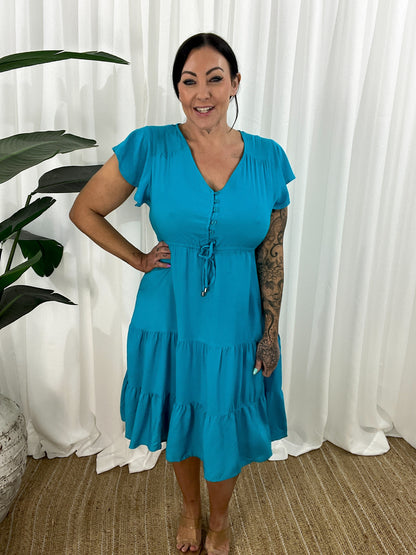 Women's Dress - V-neck - Button Closure - Adjustable Waist - Short Sleeves - Loose Fit