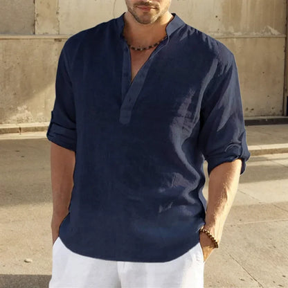 Men's Shirt – Loose Fit – Breathable Material – Long Sleeves with Stand Collar