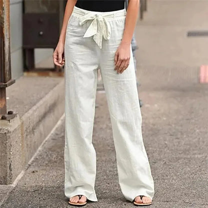 Women's Trousers with Wide Legs – High Waist – Cotton Linen – Tie Belt – Pockets