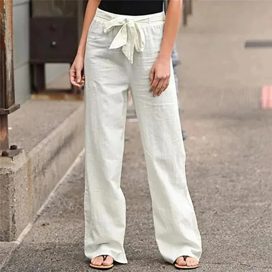 Women's Trousers with Wide Legs – High Waist – Cotton Linen – Tie Belt – Pockets