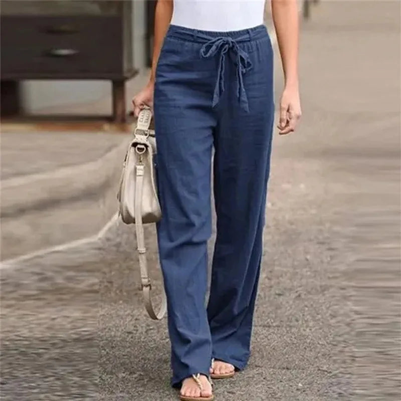 Women's Trousers with Wide Legs – High Waist – Cotton Linen – Tie Belt – Pockets