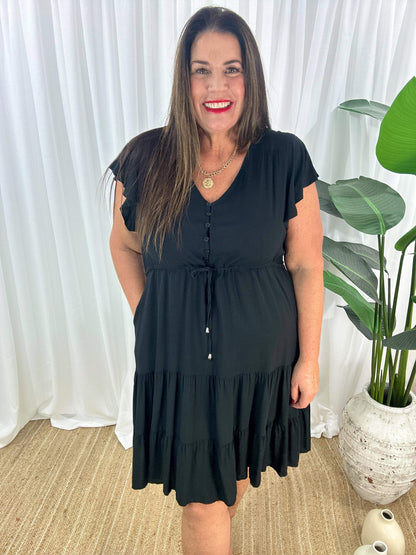 Women's Dress - V-neck - Button Closure - Adjustable Waist - Short Sleeves - Loose Fit