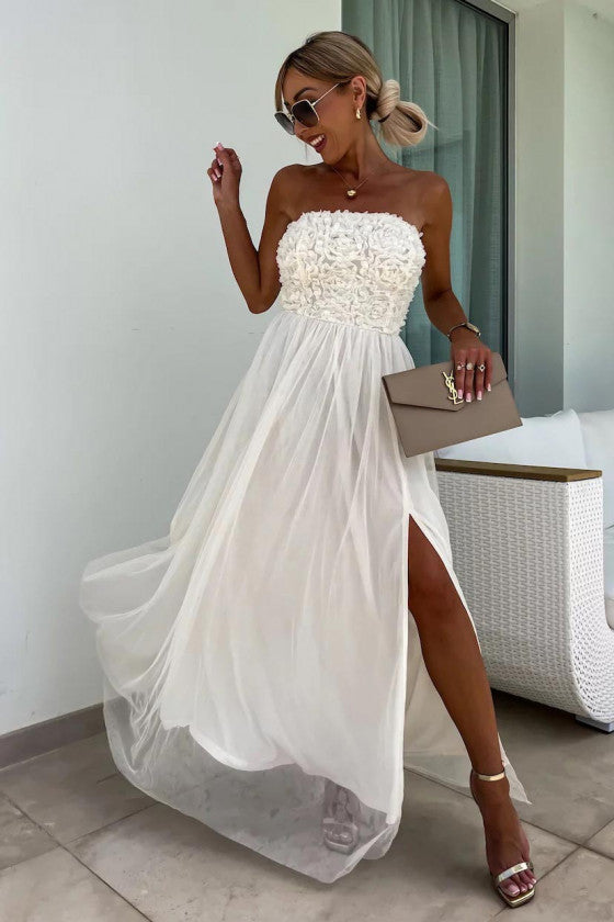Women's Maxi Dress – Strapless Textured Bodice – Elegant Slit – Light Skirt
