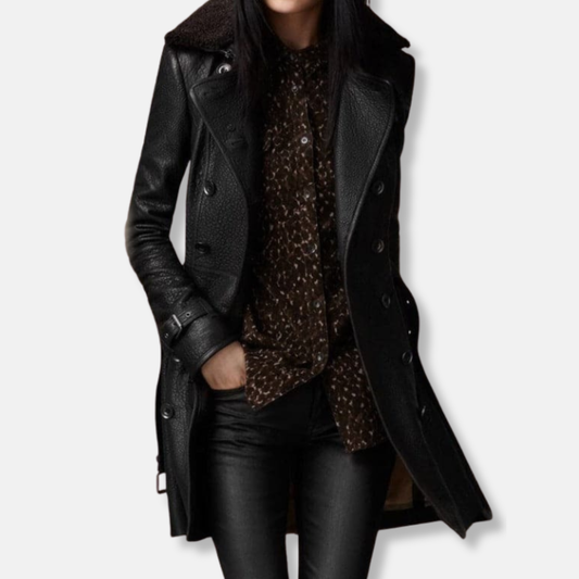 Sienna Leather Regular Fit Trench Coat | Double Breasted Plush Collar Coat