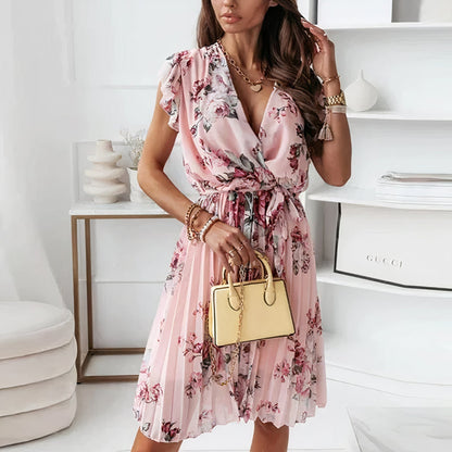 Dress for women – A-line cut – V-neck – Ruched sleeves – Floral print – Lightweight fabric