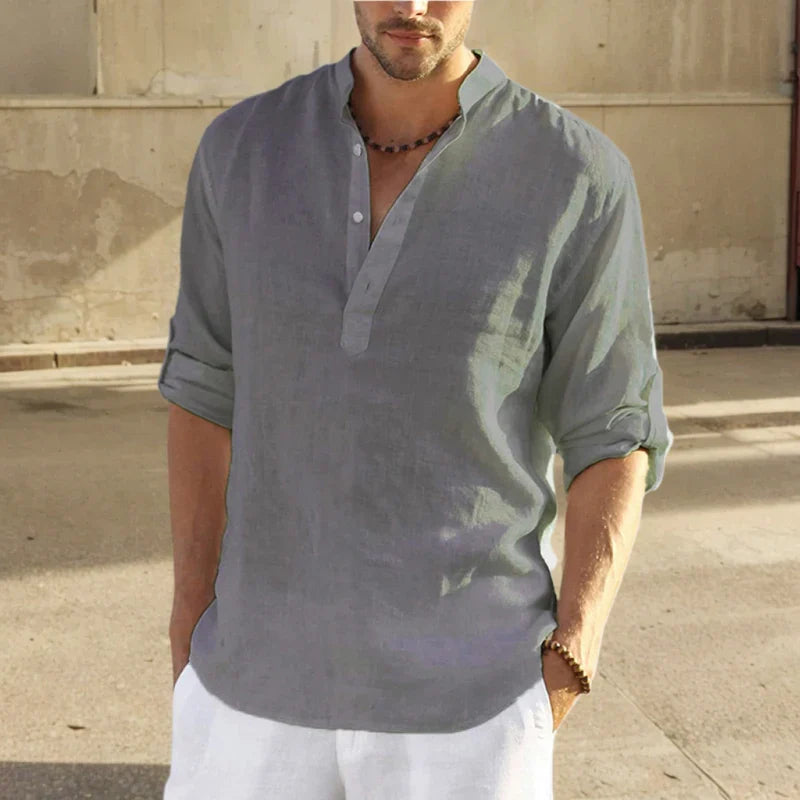 Men's Shirt – Loose Fit – Breathable Material – Long Sleeves with Stand Collar