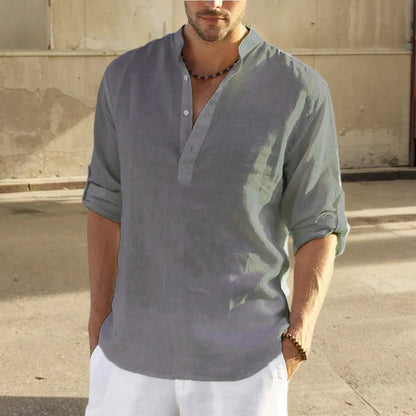 Men's Shirt – Loose Fit – Breathable Material – Long Sleeves with Stand Collar