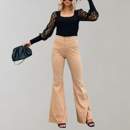Women's Velvet Trousers - High-Waisted - Flared Fit - Comfortable and Stylish