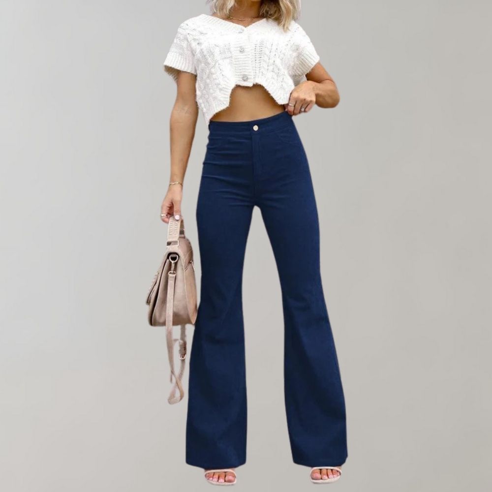 Women's Velvet Trousers - High-Waisted - Flared Fit - Comfortable and Stylish
