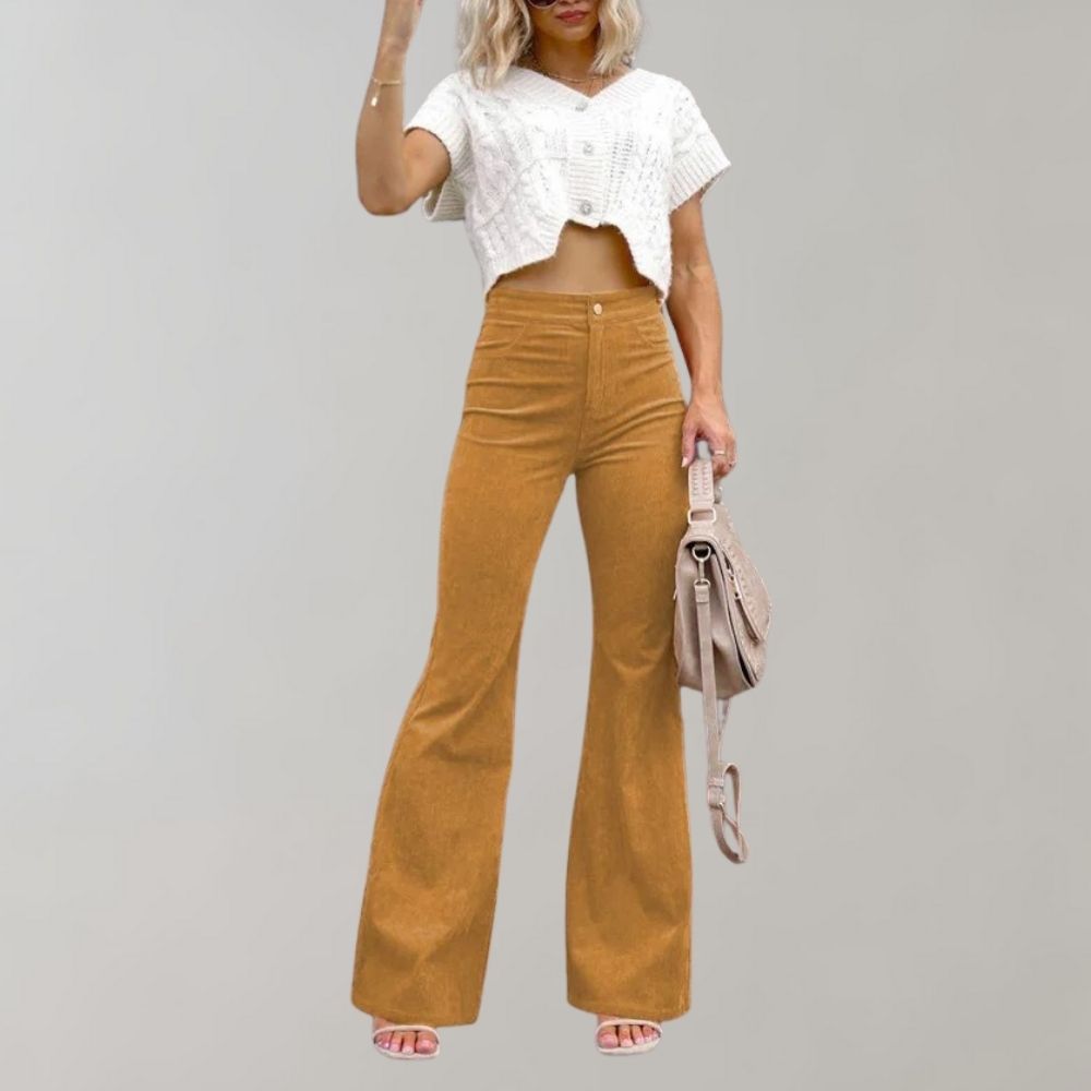 Women's Velvet Trousers - High-Waisted - Flared Fit - Comfortable and Stylish