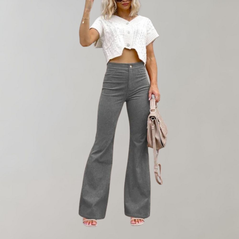 Women's Velvet Trousers - High-Waisted - Flared Fit - Comfortable and Stylish