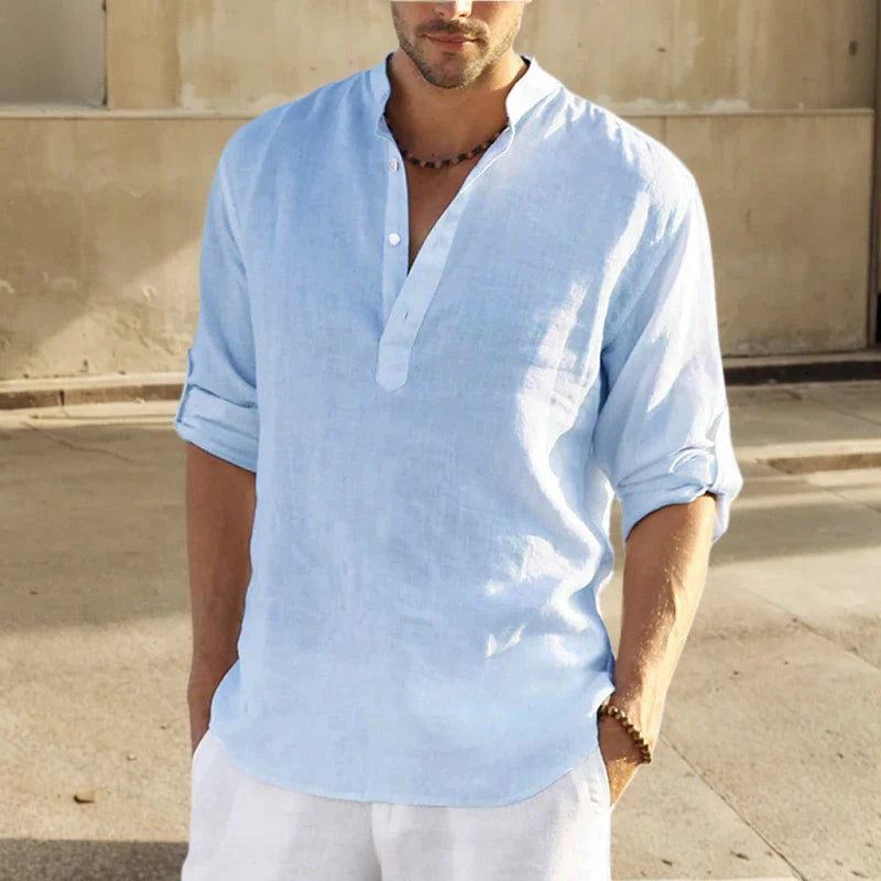 Men's Shirt – Loose Fit – Breathable Material – Long Sleeves with Stand Collar