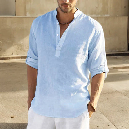 Men's Shirt – Loose Fit – Breathable Material – Long Sleeves with Stand Collar