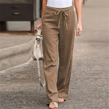 Women's Trousers with Wide Legs – High Waist – Cotton Linen – Tie Belt – Pockets
