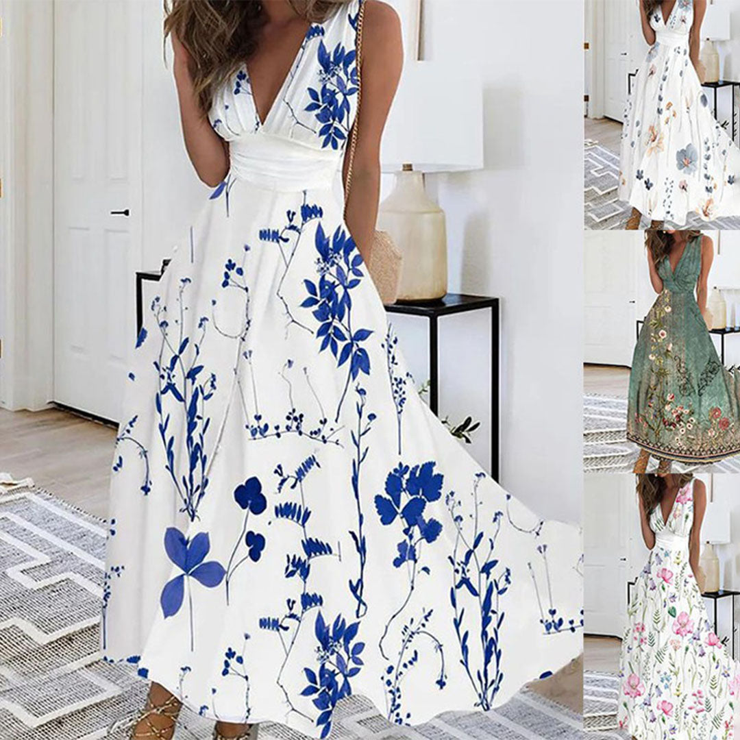 Women's Dress Maxi – Airy Fit – Deep V-Neck – Sleeveless – Fitted Waist – Floral Pattern